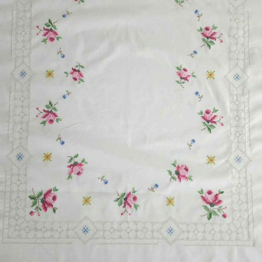 Vtg Hand Embroidered Linen Tablecloth Cross Stitch Grandmillenial Shabby 62x96